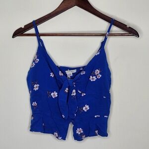 American Eagle Sz Small Blue Floral Front Bow Tie Crop Top Americana Patriotic